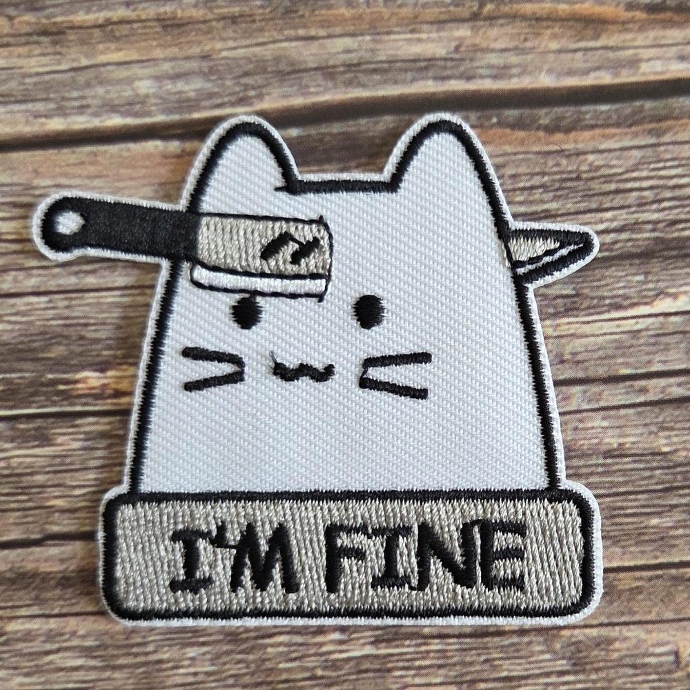Im Fine Cat Stabbed In Head With Knife Funny Y2k Style Iron On Patch